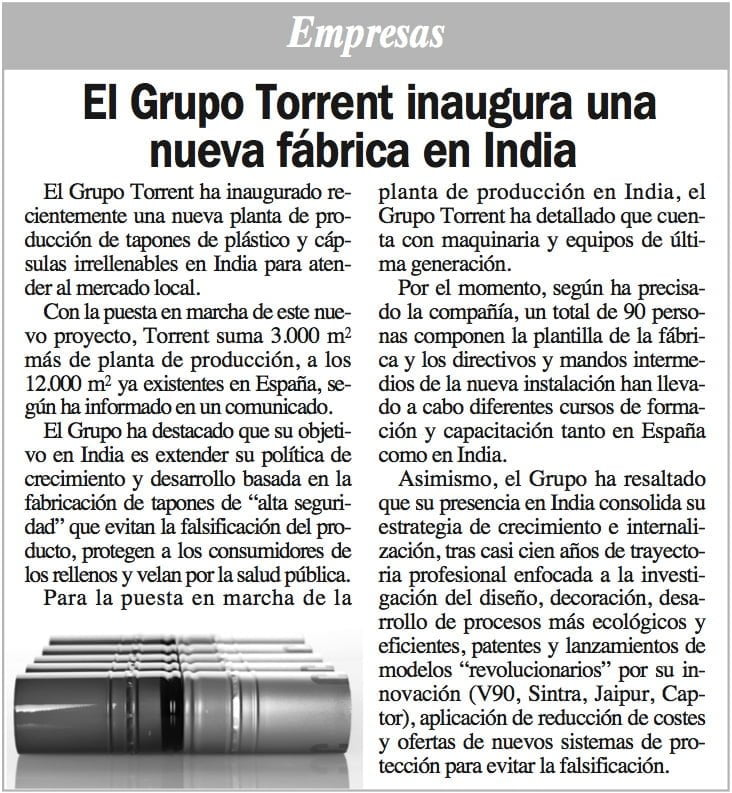 Mercacei: El Grupo Torrent inaugura una nueva fábrica en India | Torrent Closures