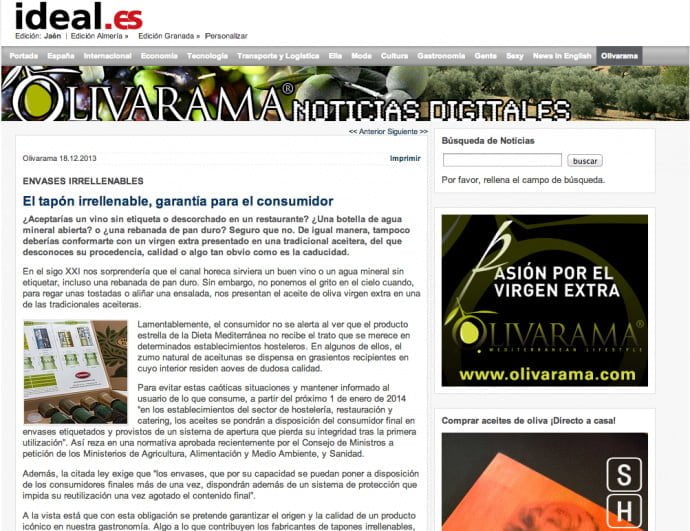 Garantizamos el origen: campaña para el uso de tapones irrellenables . Website - Website Olivarama | Torrents Closures