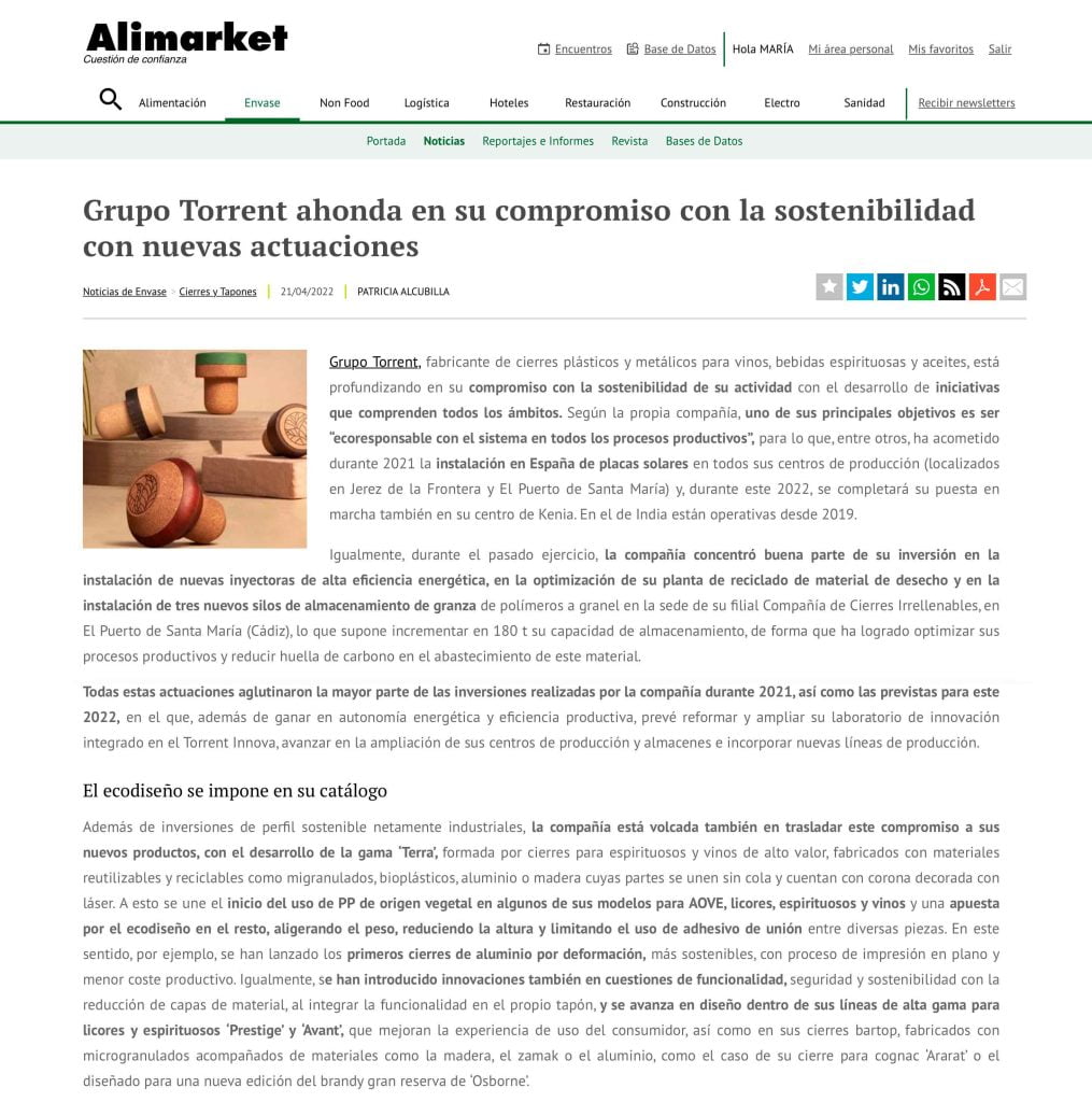 Alimarket ecoresponsabilidad 01 Torrent Closures | Grupo Torrent España